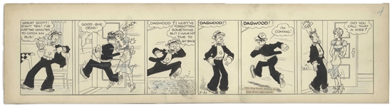 Chic Young Hand-Drawn Blondie Comic Strip From 1934 Titled Hen-Pecked -- Dagwood Races Out the Door to Catch His Bus